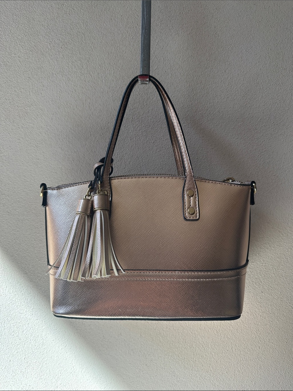 Metallic Rose Gold Tote Bag with Tassel Accent